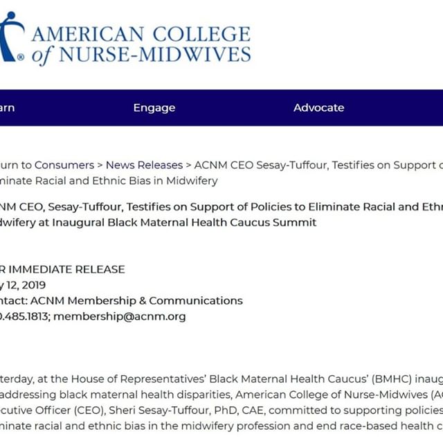 On Thurdsay, ACNM CEO, Dr. Sheri Sesay-Tuffour, testified on behalf of ACNM, at the Inaugural Black Maternal Health Caucus Summit, on support of policies to eliminate racial and ethnic bias in midwifery. 
ACNM's full press release can be viewed here: https://www.midwife.org/acnm-ceo-sesay-tuffour-testifies-on-support-of-policies-to-eliminate-racial-and-ethnic-bias-in-midwifery
The full testimony is also available for viewing: https://vimeo.com/347777803
Thank you, @RepAdams @RepUnderwood!
#BMHCSummit #BMHCaucus #BlackMamasMatter #TrustBlackWomen #MaternalJustice