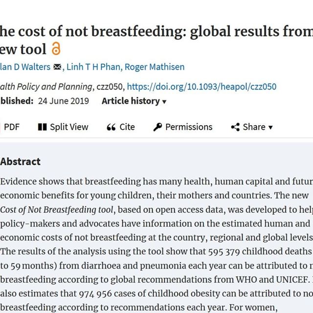 Check out this newly published article in Health Policy and Planning: 'The cost of not breastfeeding: global results from a new tool'. #Breastfeeding #WBW19 
Access the full article here: https://academic.oup.com/heapol/advance-article/doi/10.1093/heapol/czz050/5522499